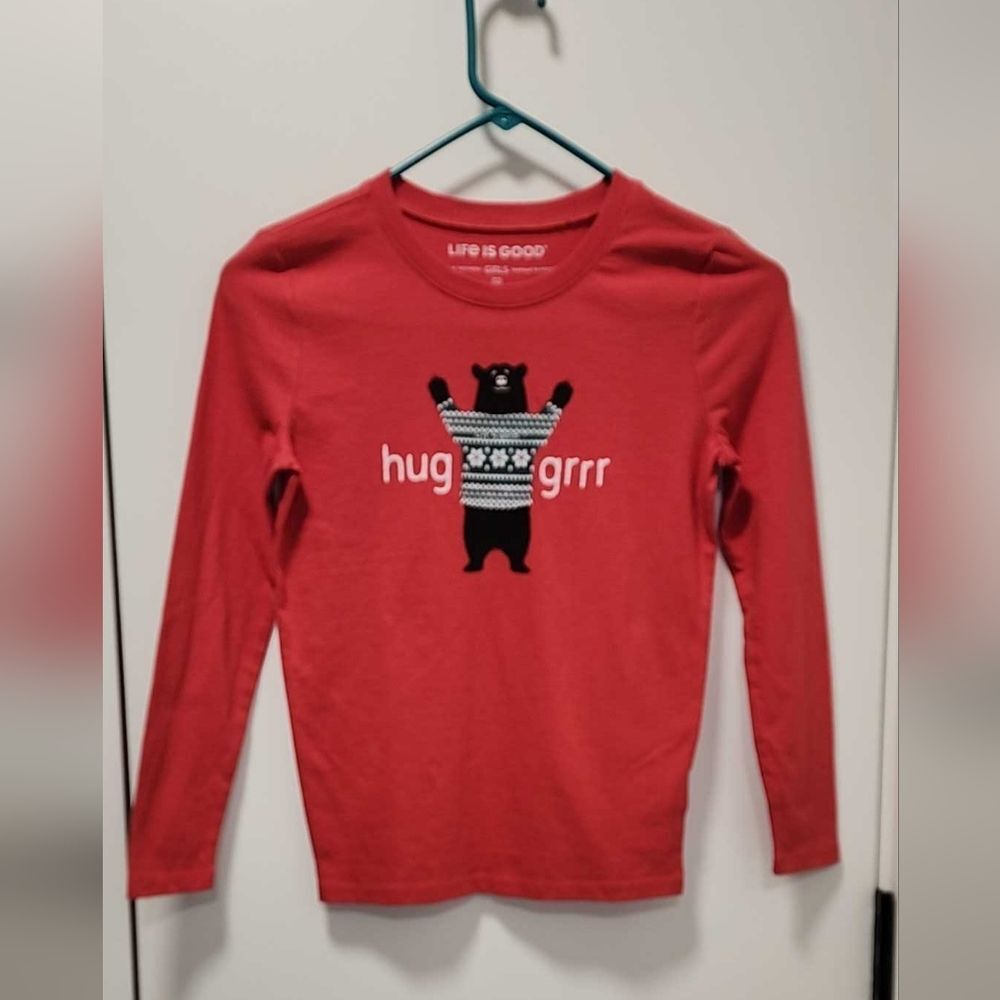 Life Is Good Red Long Sleeve Girls Tee with Bear Graphic